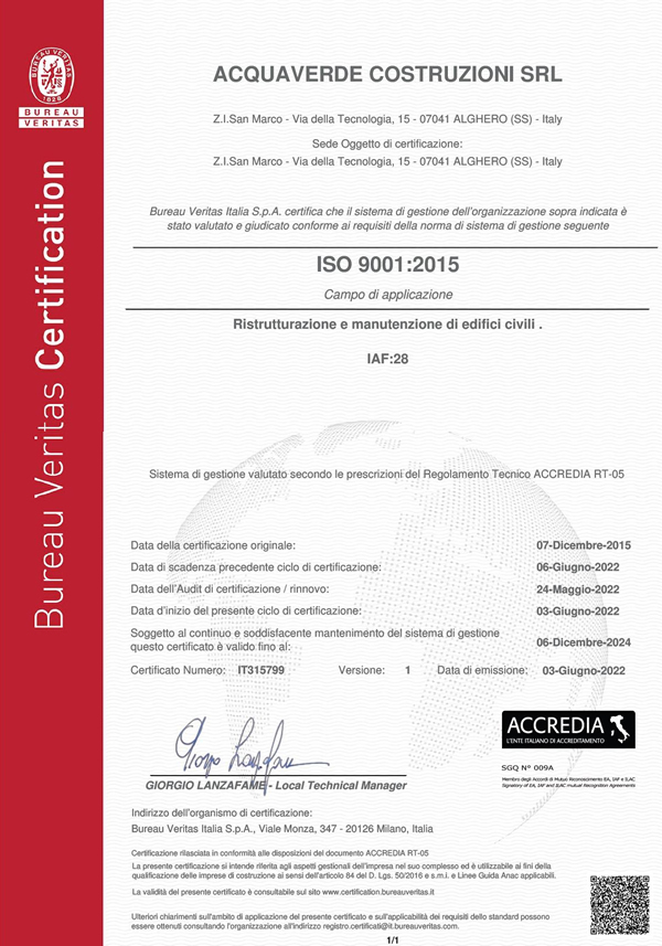 Certificato di Qualità ISO 9001:2015